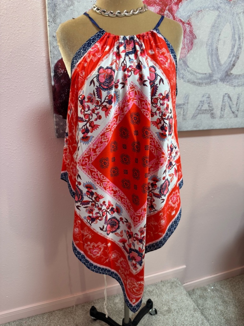 Women Red Floral Hankerchief Halter Top - Picture 7 of 9